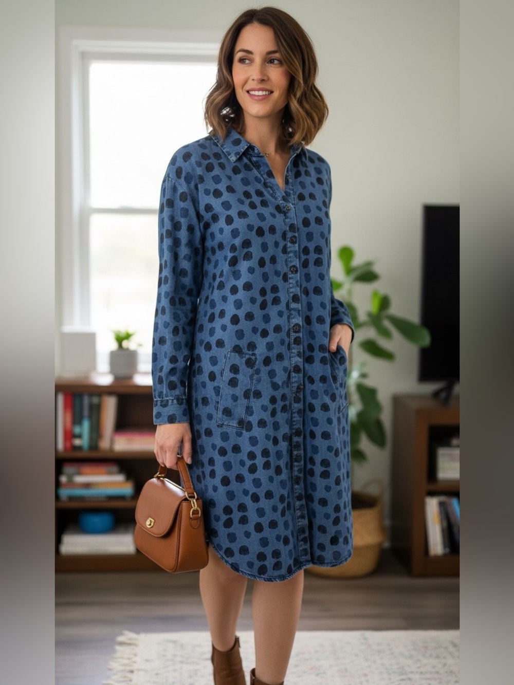 Kachel x Anthropologie Chambray Shirt Dress Polka Dot Print Blue Lyocell Size 6